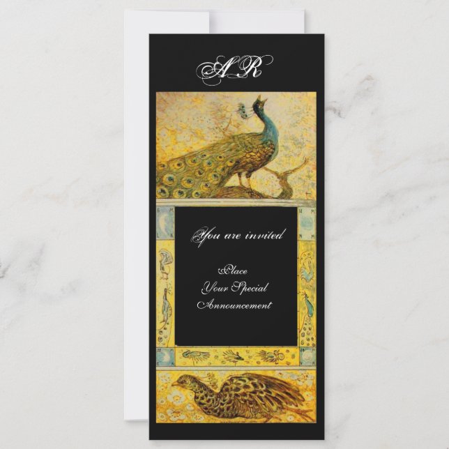 Hochzeitsliebe Pfauen Monogramm braun gelb schwarz Einladung (Vorderseite)