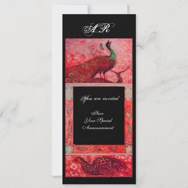 Hochzeitsliebe Pfauen Monogramm rot schwarz Einladung (Vorderseite)