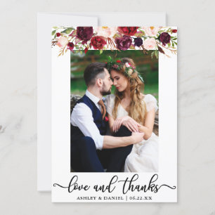 Hochzeitsliebe und Dankeschön Bordeaux Blumenfoto Dankeskarte