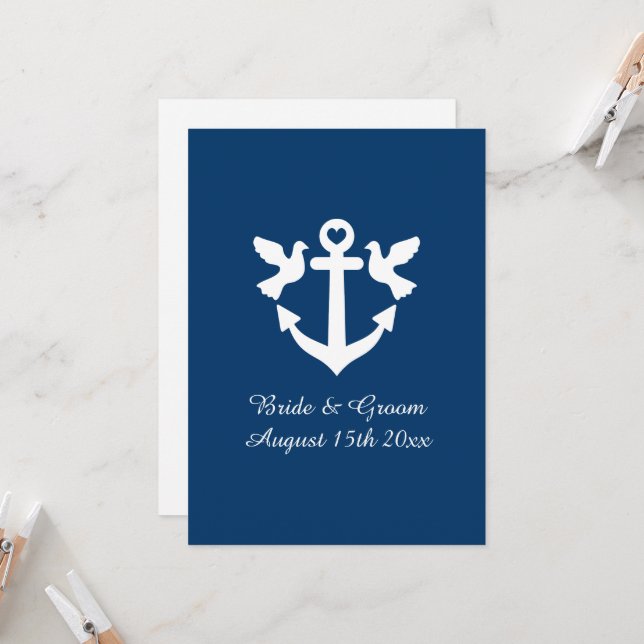 Hochzeitslogos für nautische Anker in Navy und Wei Einladung (Vorderseite/Rückseite Beispiel)