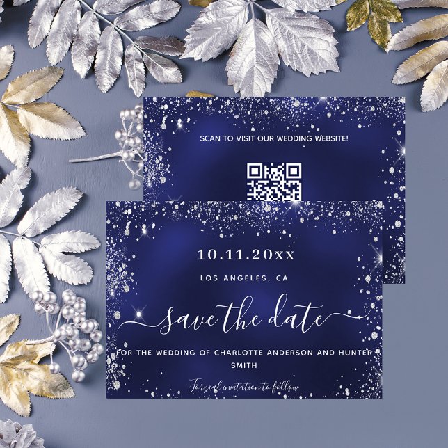 Hochzeitsmarineblau-Silberblauer Glitzer QR-Code Save The Date (Von Creator hochgeladen)