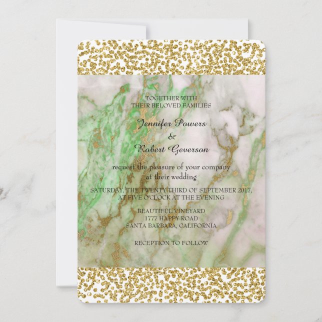 Hochzeitsmarmor Mint Green Golden Confetti Einladung (Vorderseite)