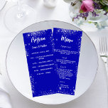 Hochzeitsmenü Abendmenü royblau silber Werbekarte<br><div class="desc">Hochzeitsempfang und Menü. Personalisieren und hinzufügen Sie Ihren Namen,  Ihr Programm und das Menü. Königlich blauer Hintergrund,  weißer Text. Dekoriert mit Imitaten silbernen Glitzer,  Glitzern. Zurück: Fügen Sie die Feier Dinner Menü.</div>