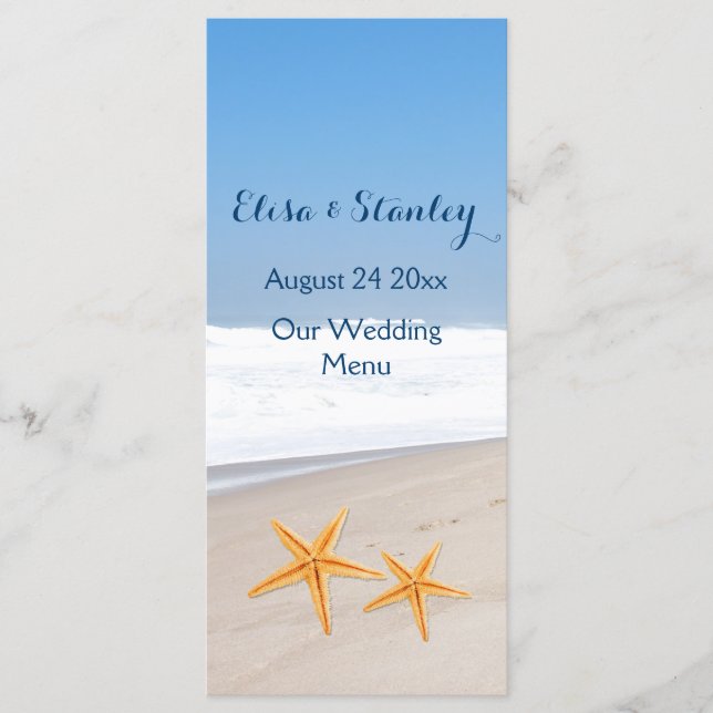 Hochzeitsmenü am Strand für Starfish Paare Menükarte (Vorderseite)