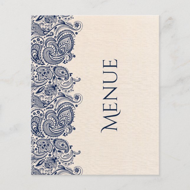 Hochzeitsmenü Beige Linen & Dunkelblaue Spitzen (Vorderseite)