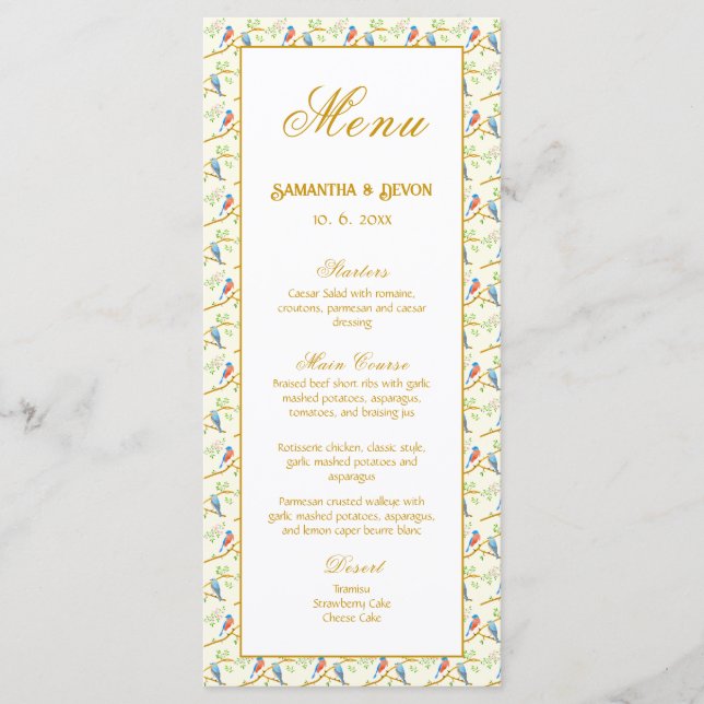 Hochzeitsmenü Bluebirds Menükarte (Vorderseite)