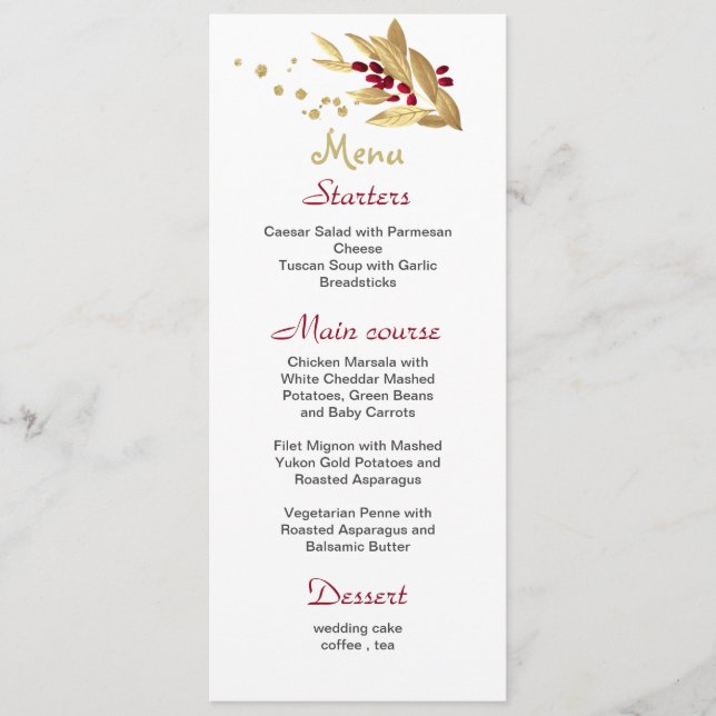 Hochzeitsmenü Bordeaux & Gold Menükarte (Vorderseite)