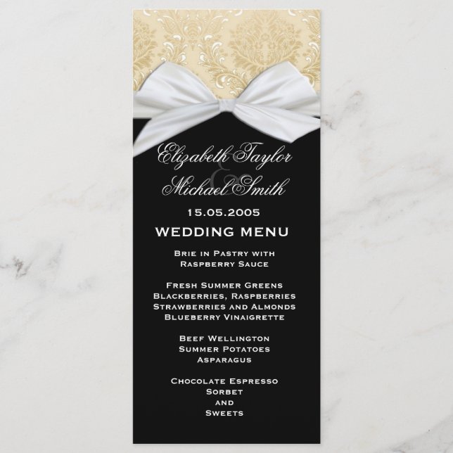 Hochzeitsmenü der Luxus Ribbon Black Gold Damask Menükarte (Vorderseite)