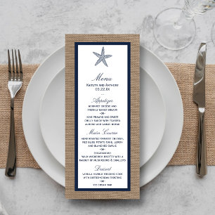 Hochzeitsmenü der Marine Starfish Burlap Beach Werbekarte