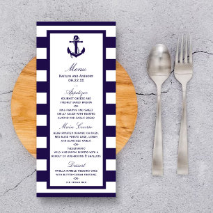 Hochzeitsmenü der Nautic Anchor Navy Stripe Werbekarte