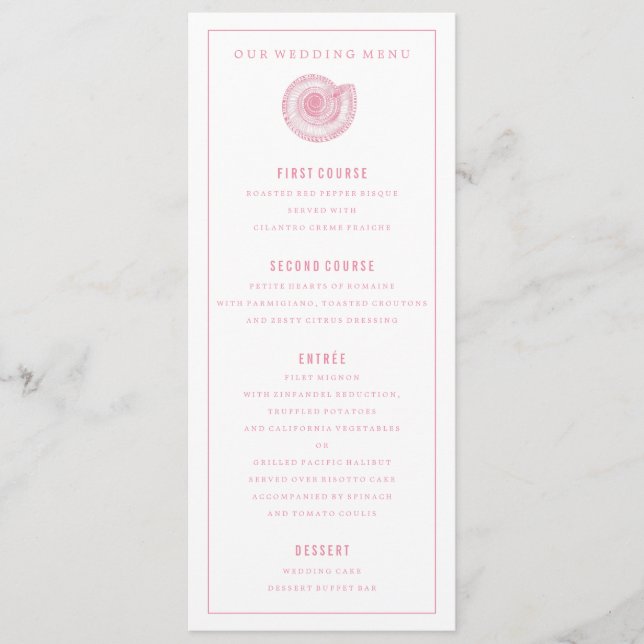Hochzeitsmenü der Rosa-Muschel Menükarte (Vorderseite)