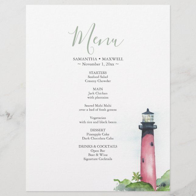 Hochzeitsmenü des Leuchtturms Coastal Watercolor Flyer (Vorne)