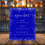 Hochzeitsmenü des Royal Blue Glitzer Bar<br><div class="desc">Ein königlich blauer Hintergrund. Dekoriert mit Imitaten silbernen Glitzer,  Glitzern. Mit dem Text: Bar öffnen. Personalisieren Sie Ihr Menü und fügen Sie Ihr Bar hinzu. Weißer Text.</div>
