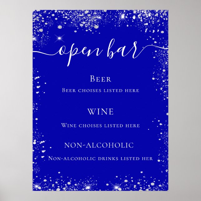 Hochzeitsmenü des Royal Blue Glitzer Bar Poster (Vorne)