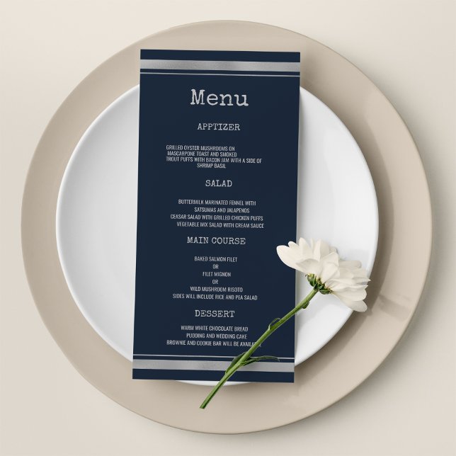 Hochzeitsmenü des Schriftartes "Hochzeitsmenü" für Programm (Navy blue silver typewriter font Wedding Menu)