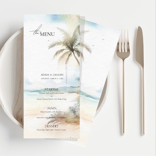 Hochzeitsmenü des Watercolor Tropical Beach Palme (Watercolor Tropical Beach Palm Trees Wedding Menu)