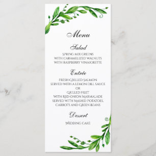 Hochzeitsmenü draußen. Speisekarte "Green Dinner" Menükarte