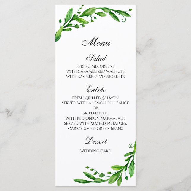 Hochzeitsmenü draußen. Speisekarte "Green Dinner" Menükarte