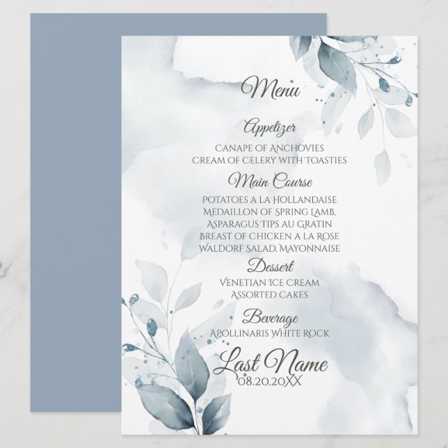 Hochzeitsmenü | Dusty Blue Botanical Menu Menükarte (Vorne/Hinten)