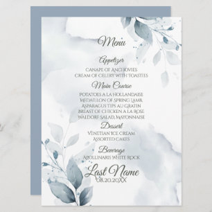 Hochzeitsmenü   Dusty Blue Botanical Menu Menükarte