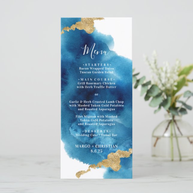 Hochzeitsmenü für Blaue und goldene Wasserfarbe Menükarte (Stehend Vorderseite)