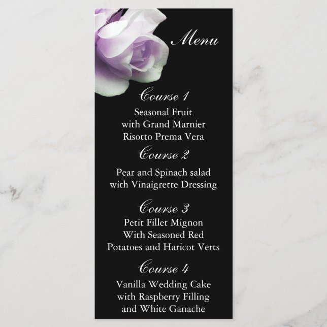 Hochzeitsmenü für lila Rose Menükarte (Vorderseite)