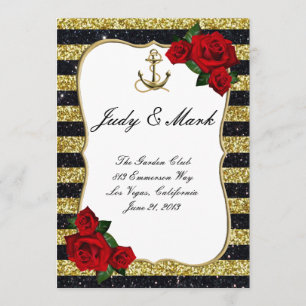 Hochzeitsmenü für Nautical Anchor Gold Black Strip Menükarte