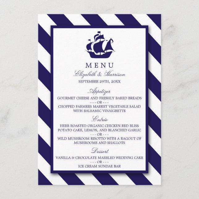 Hochzeitsmenü für Nautische Streifen und Navy Blue Menükarte (Vorderseite)