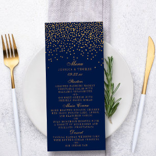 Hochzeitsmenü für Navy Blue & Glam Gold Confetti Werbekarte