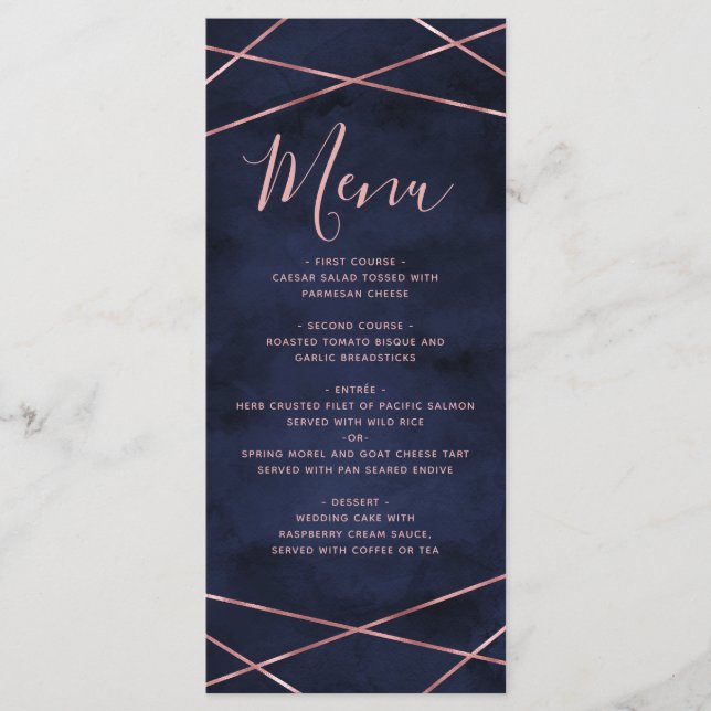 Hochzeitsmenü für Navy Blue & Rose Gold Geometric Menükarte (Vorderseite)