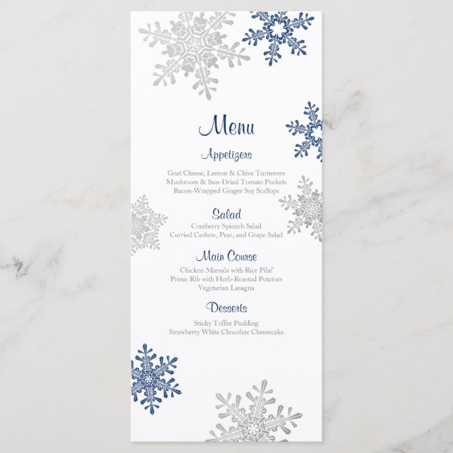 Hochzeitsmenü für Navy Blue Silver Snowflake Menükarte (Vorderseite)