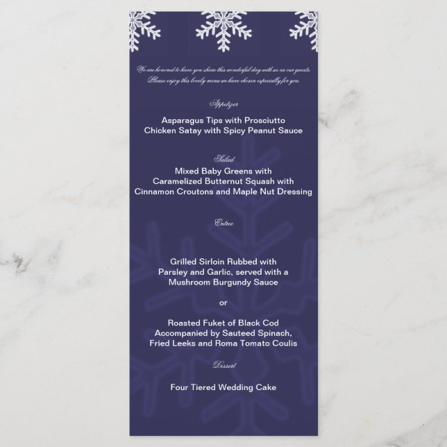 Hochzeitsmenü für Navy Blue Snowflake Menükarte (Vorderseite)