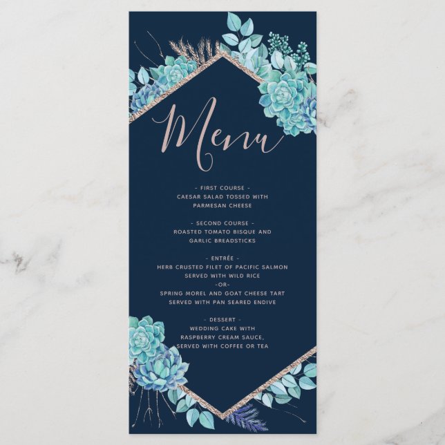 Hochzeitsmenü für Navy Blue Succules & Rose Gold Menükarte (Vorderseite)