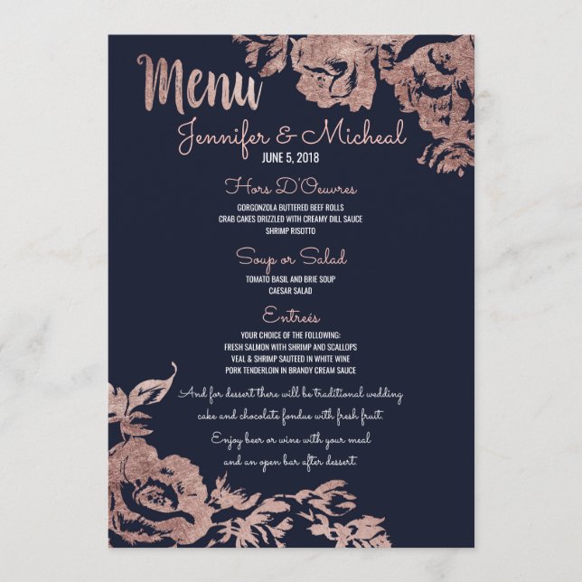 Hochzeitsmenü für Navy Blue und Rose Gold Floral Menükarte (Vorderseite)
