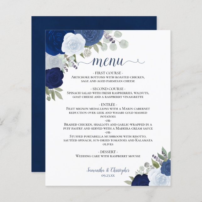 Hochzeitsmenü für Navy & Dusty Blue Rose (Vorne/Hinten)