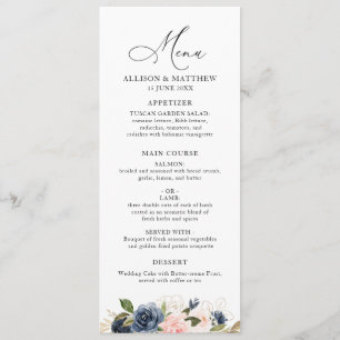 Hochzeitsmenü für Navy und Rose Menükarte