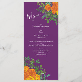 Hochzeitsmenü für Orange und Lila Pflaumenkuppe un Menükarte