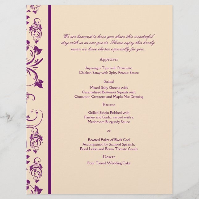Hochzeitsmenü für Pflaume und Champagner (Vorderseite)