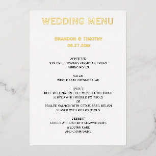 Hochzeitsmenü für Schwule in Weiß und echtem Gold Folieneinladung