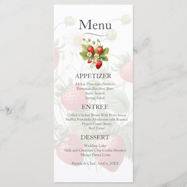 Hochzeitsmenü für Strawberries Menükarte (Vorderseite)