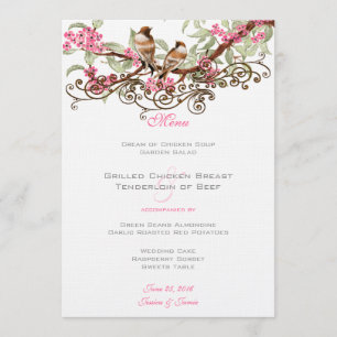 Hochzeitsmenü für Vintage Rosa und Grau-Vögel Menükarte