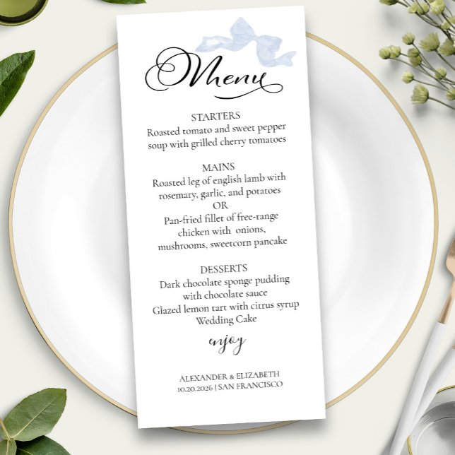 Hochzeitsmenü für Wasserfarben | Blue Bow Calligra (Von Creator hochgeladen)
