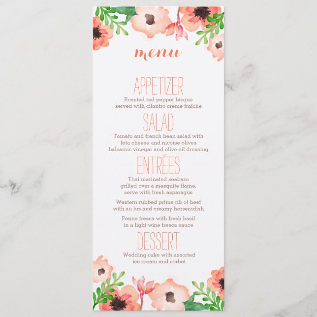 Hochzeitsmenü für Wasserfarben Menükarte (Vorderseite)