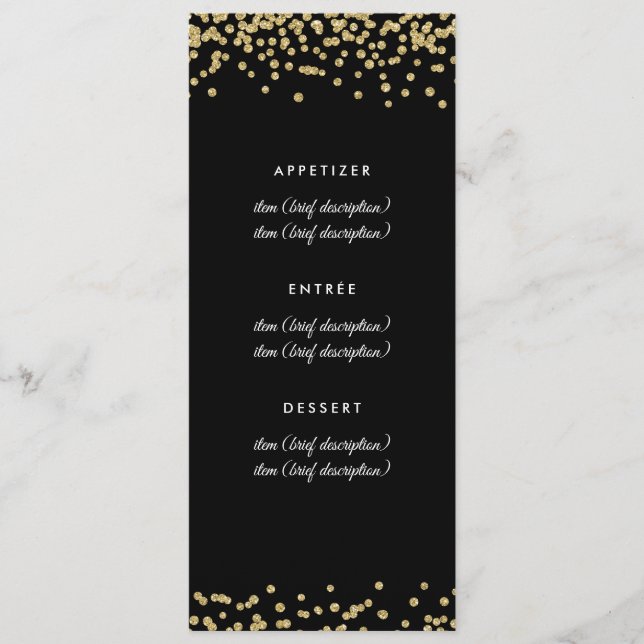 Hochzeitsmenü Gold Imitate Glitzer Confetti Black Menükarte (Vorderseite)