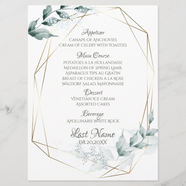 Hochzeitsmenü | Grayed Jade Green Botanic Menu Menükarte (Vorderseite)