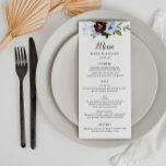 Hochzeitsmenü in Burgund Menükarte<br><div class="desc">Ein wunderschönes Blumenmotiv mit schönen bordeauxroten,  staubblauen Blume. Farbe und Text können personalisiert sein.</div>