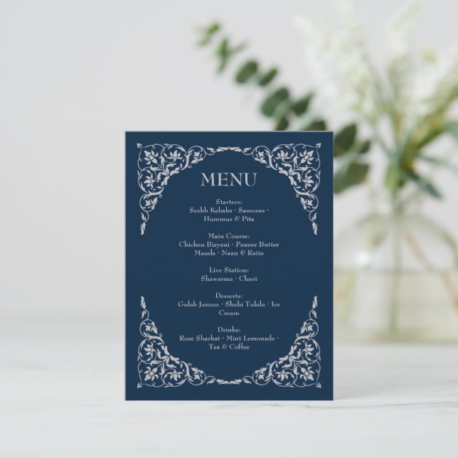 Hochzeitsmenü Midnight Serenity Navy und Silber Begleitkarte (Stehend Vorderseite)