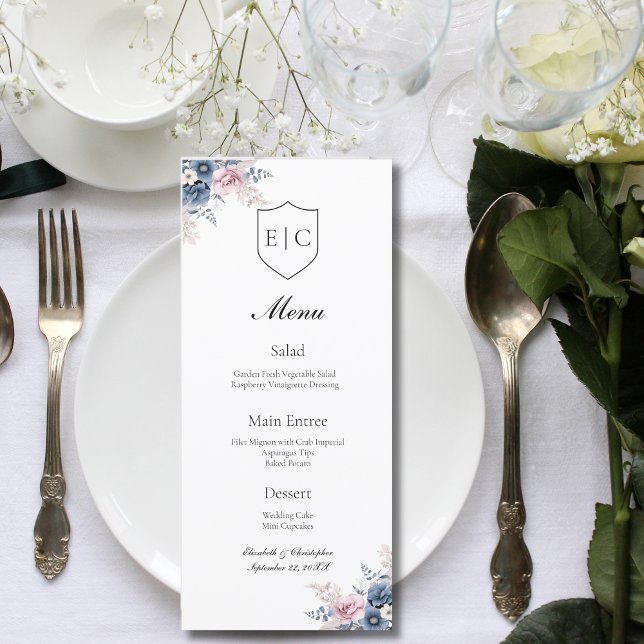 Hochzeitsmenü mit blauer Farbe Rosa (Dusty blue blush pink floral monogram wedding menu )