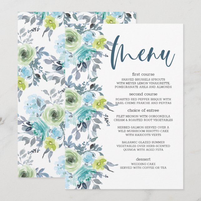 Hochzeitsmenü mit hellblauem Gelbgrün Menükarte (Vorne/Hinten)