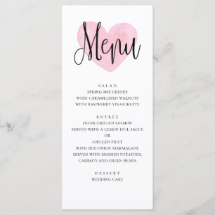 Hochzeitsmenü mit rosa Herzen. Romantisches modern Menükarte